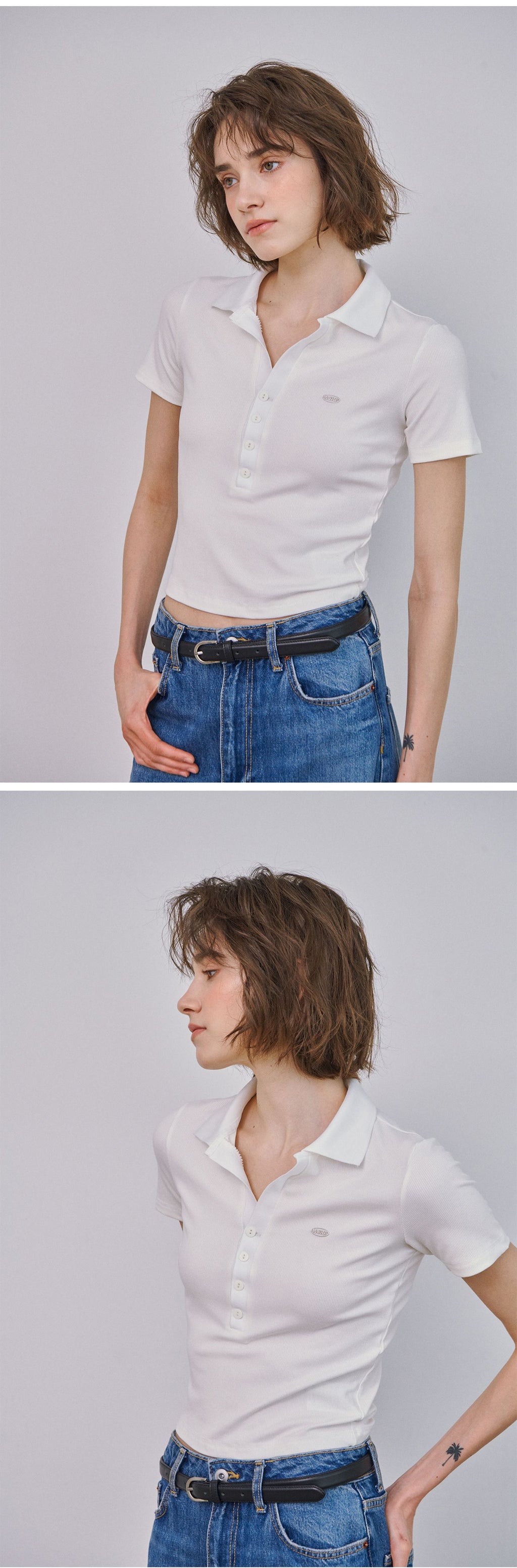 MARROT Slim button collar t-shirt_white