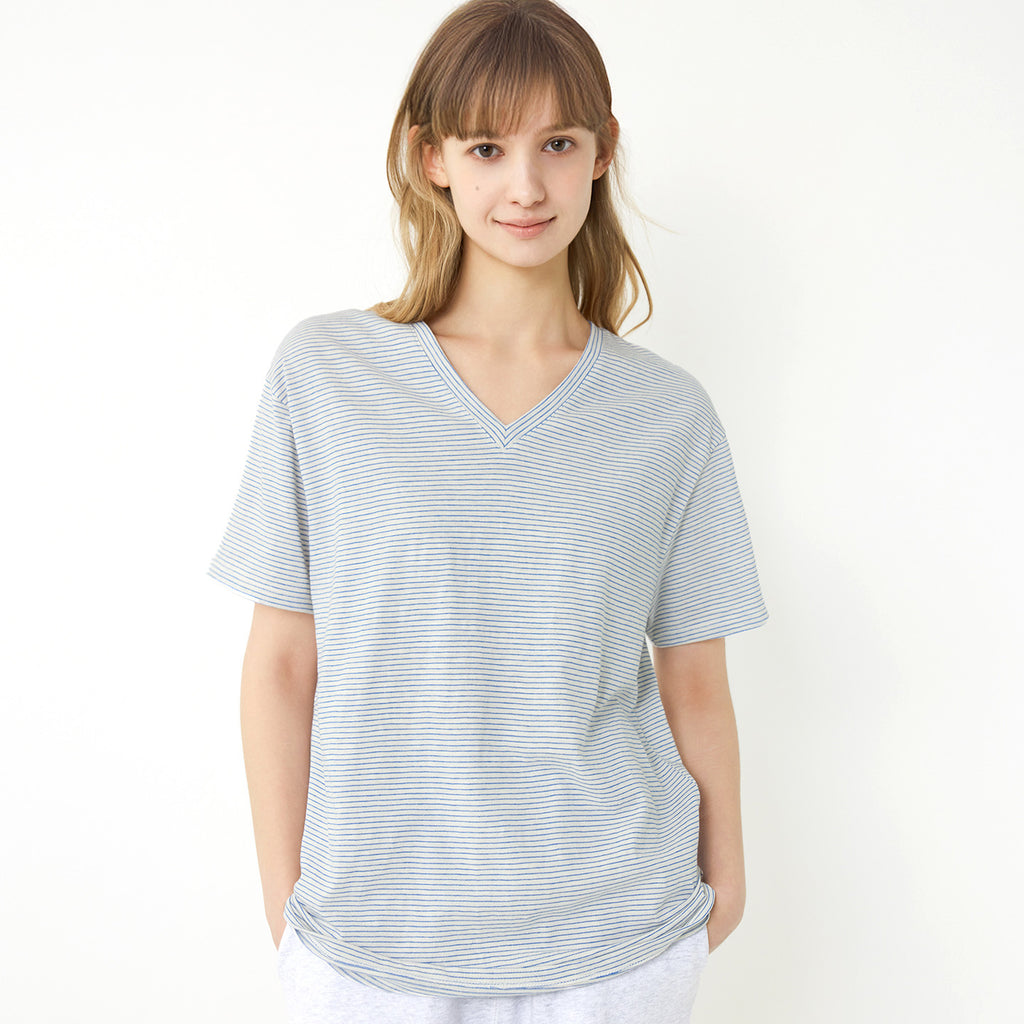 KOZNOK LB Striped Pure Cotton Women's Short Sleeve T-Shirt Layered Inner T-shirt