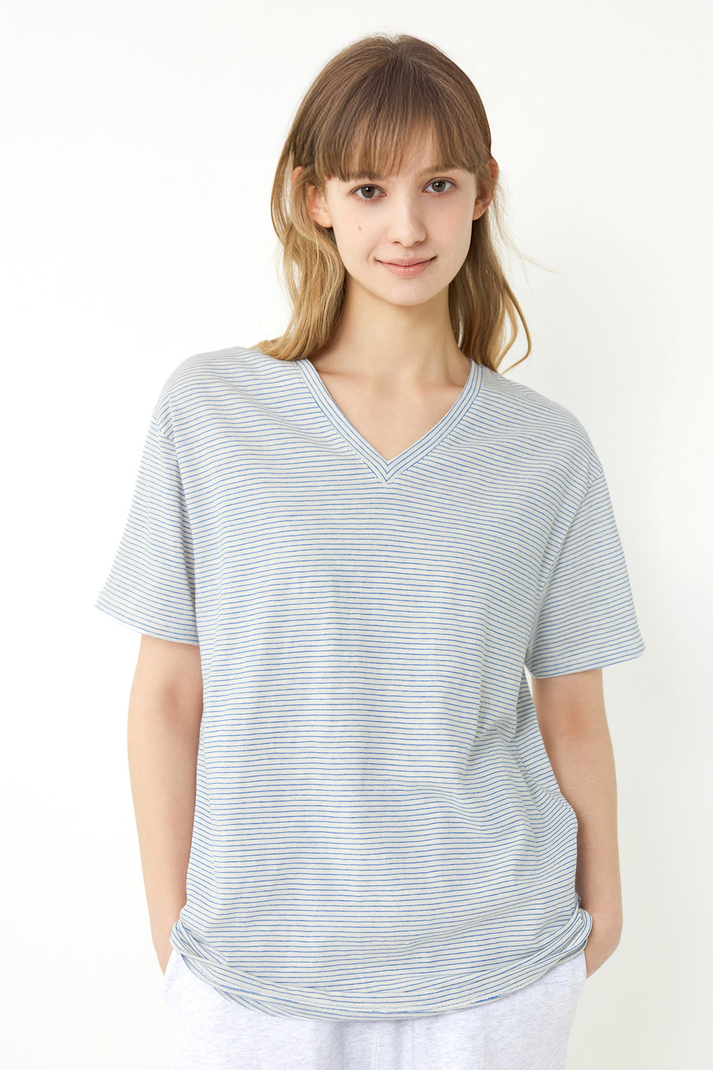 KOZNOK LB Striped Pure Cotton Women's Short Sleeve T-Shirt Layered Inner T-shirt
