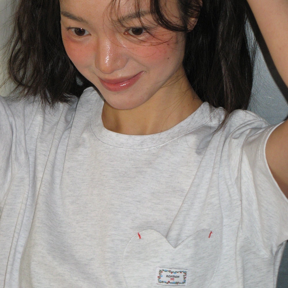 RONRON HEART POCKET OVER FIT SHORT SLEEVE T SHIRT WHITE MELANGE