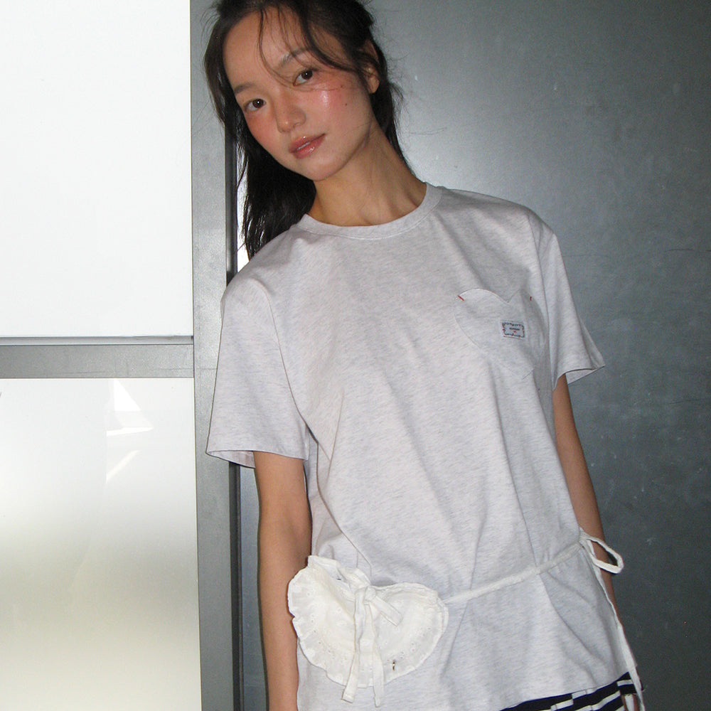 RONRON HEART POCKET OVER FIT SHORT SLEEVE T SHIRT WHITE MELANGE