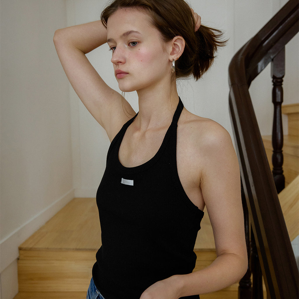LETTER FROM MOON Letters Label Halterneck Top (Black)