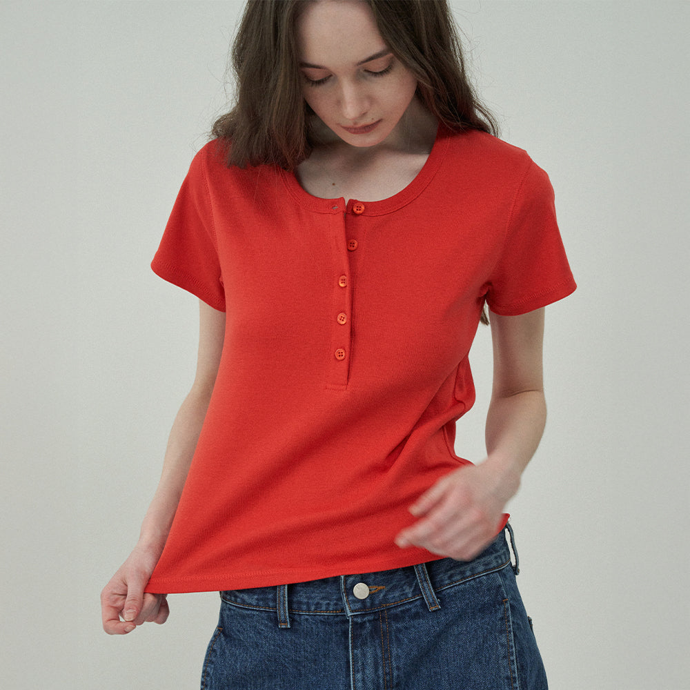 MOTT [3rd] Henley Neck Half T-Shirt-Red