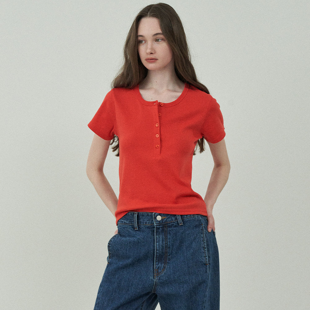 MOTT [3rd] Henley Neck Half T-Shirt-Red