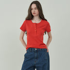MOTT [3rd] Henley Neck Half T-Shirt-Red
