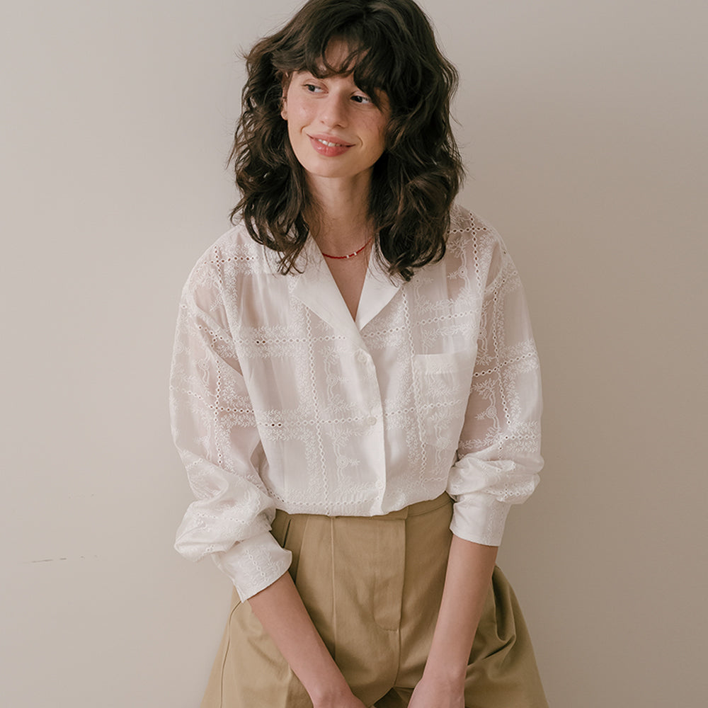 FRIVER07 Punching lace see-through shirt_White