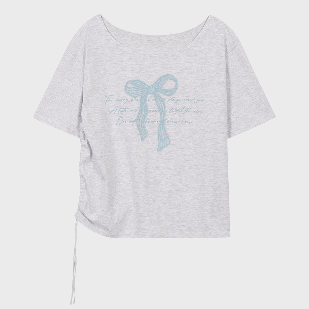 ILLIGO Ribbon shirring off-shoulder t-shirt - 3COLOR