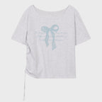 ILLIGO Ribbon shirring off-shoulder t-shirt - 3COLOR