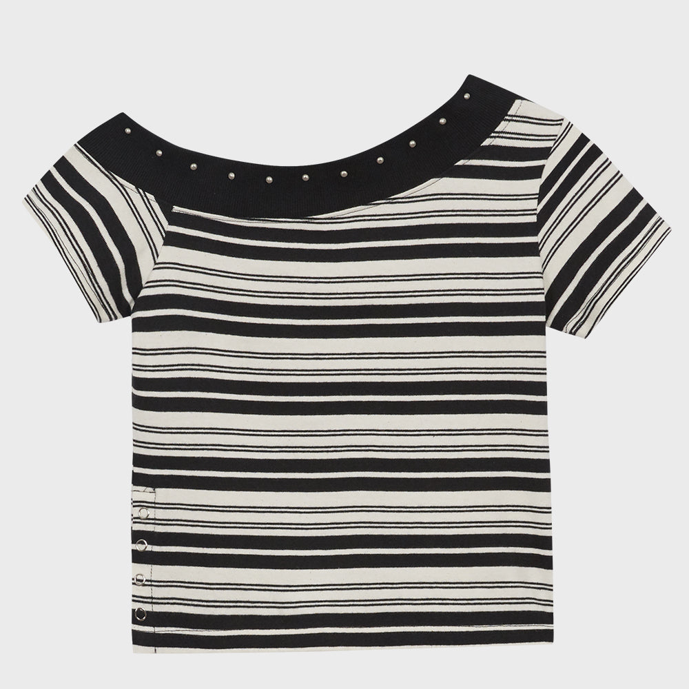 ILLIGO One Shoulder Studded Striped Top Black Ivory