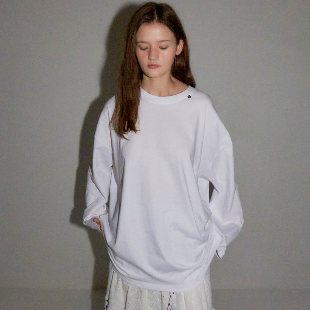 RONRON MINI POINT LABEL OVER FIT LONG SLEEVE WHITE