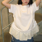 RONRON DOT MESH SHIRRING LAYERED LONG T SHIRT WHITE