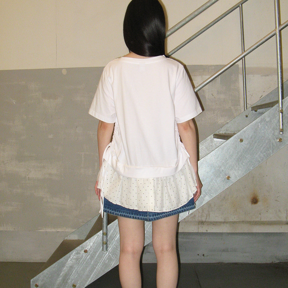 RONRON DOT MESH SHIRRING LAYERED LONG T SHIRT WHITE