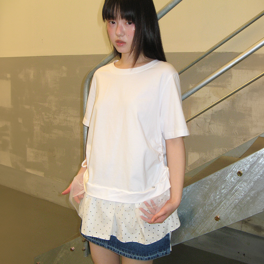 RONRON DOT MESH SHIRRING LAYERED LONG T SHIRT WHITE