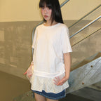 RONRON DOT MESH SHIRRING LAYERED LONG T SHIRT WHITE
