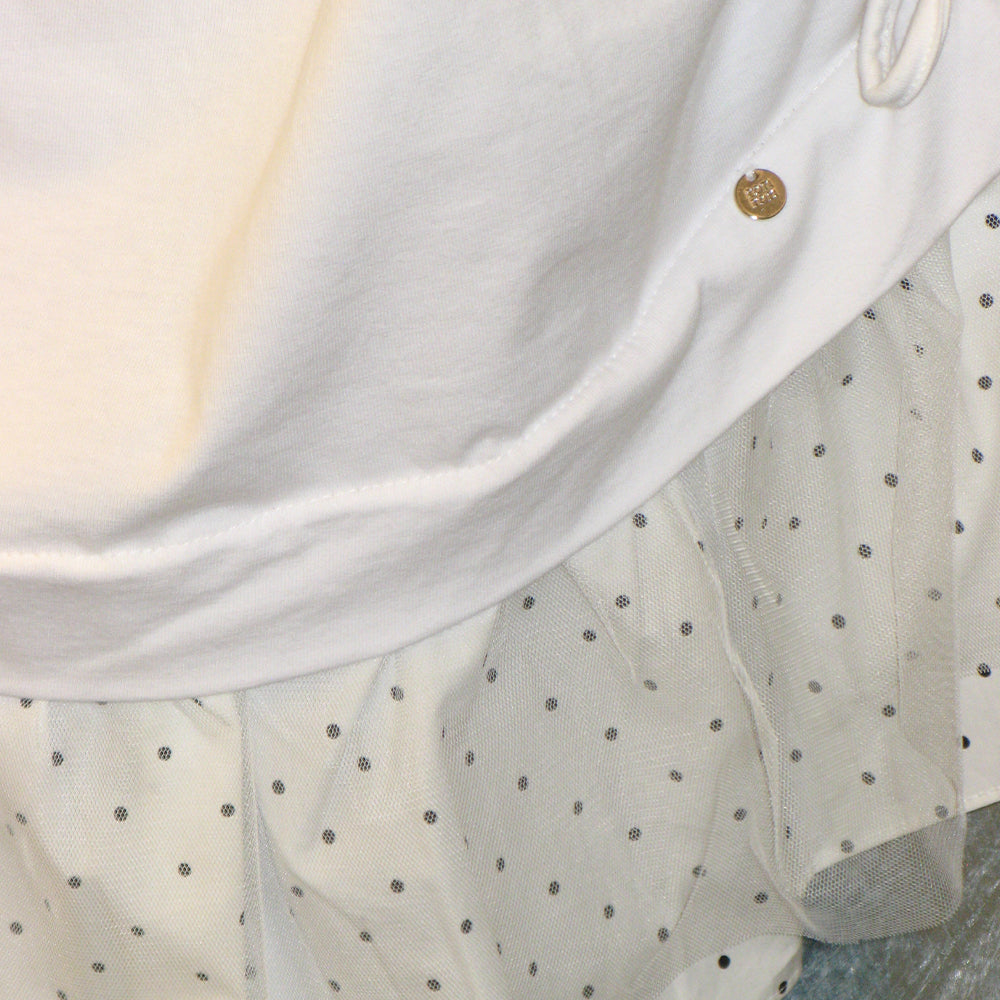 RONRON DOT MESH SHIRRING LAYERED LONG T SHIRT WHITE