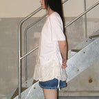 RONRON DOT MESH SHIRRING LAYERED LONG T SHIRT WHITE