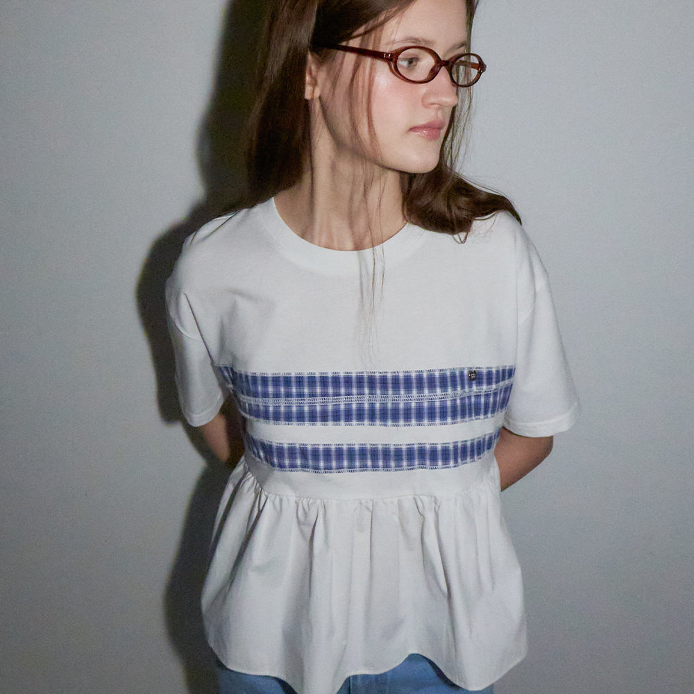 RONRON PATCHWORK RUFFLE SHORT SLEEVE T SHIRT WHITE