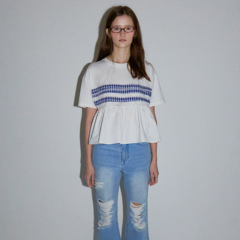 RONRON PATCHWORK RUFFLE SHORT SLEEVE T SHIRT WHITE
