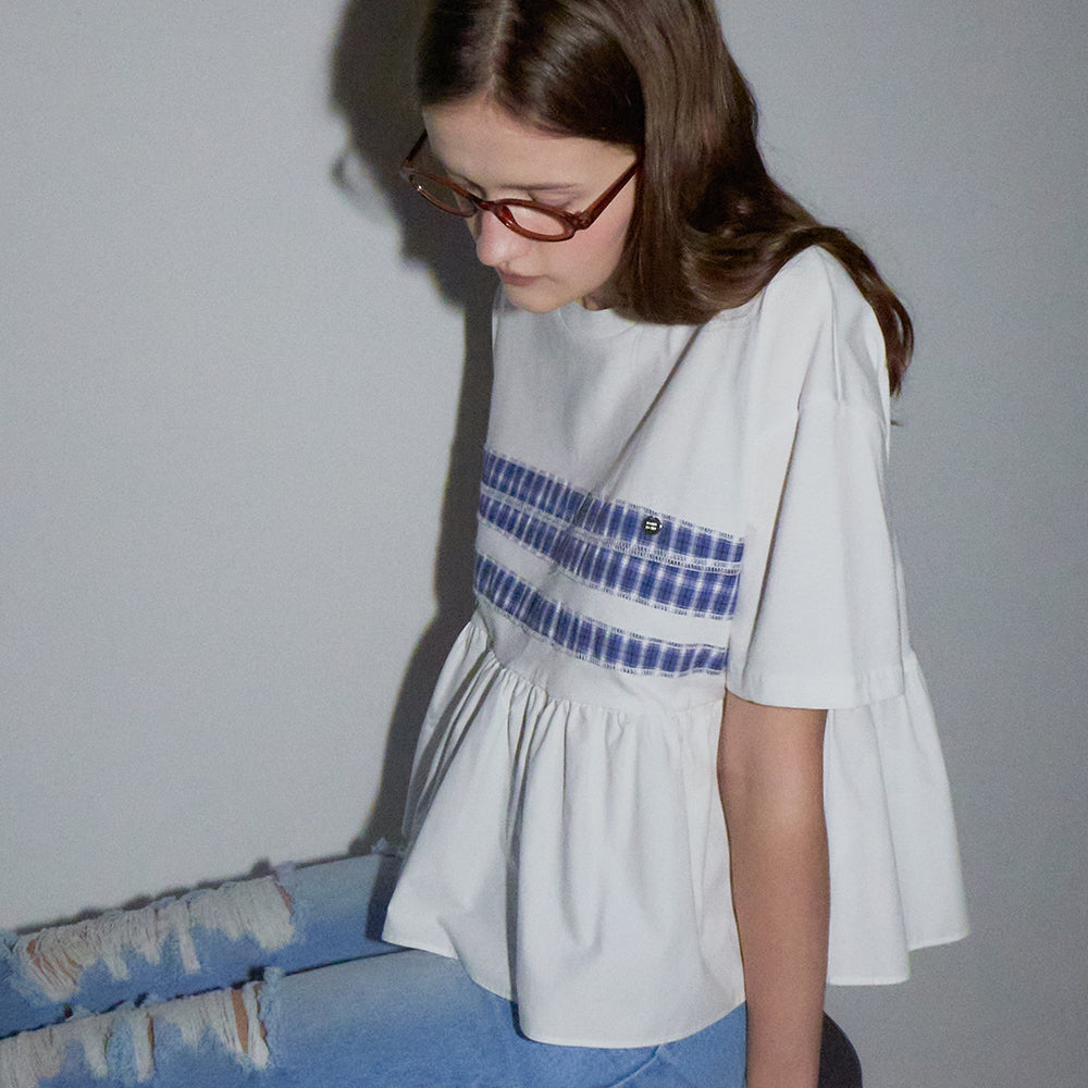 RONRON PATCHWORK RUFFLE SHORT SLEEVE T SHIRT WHITE