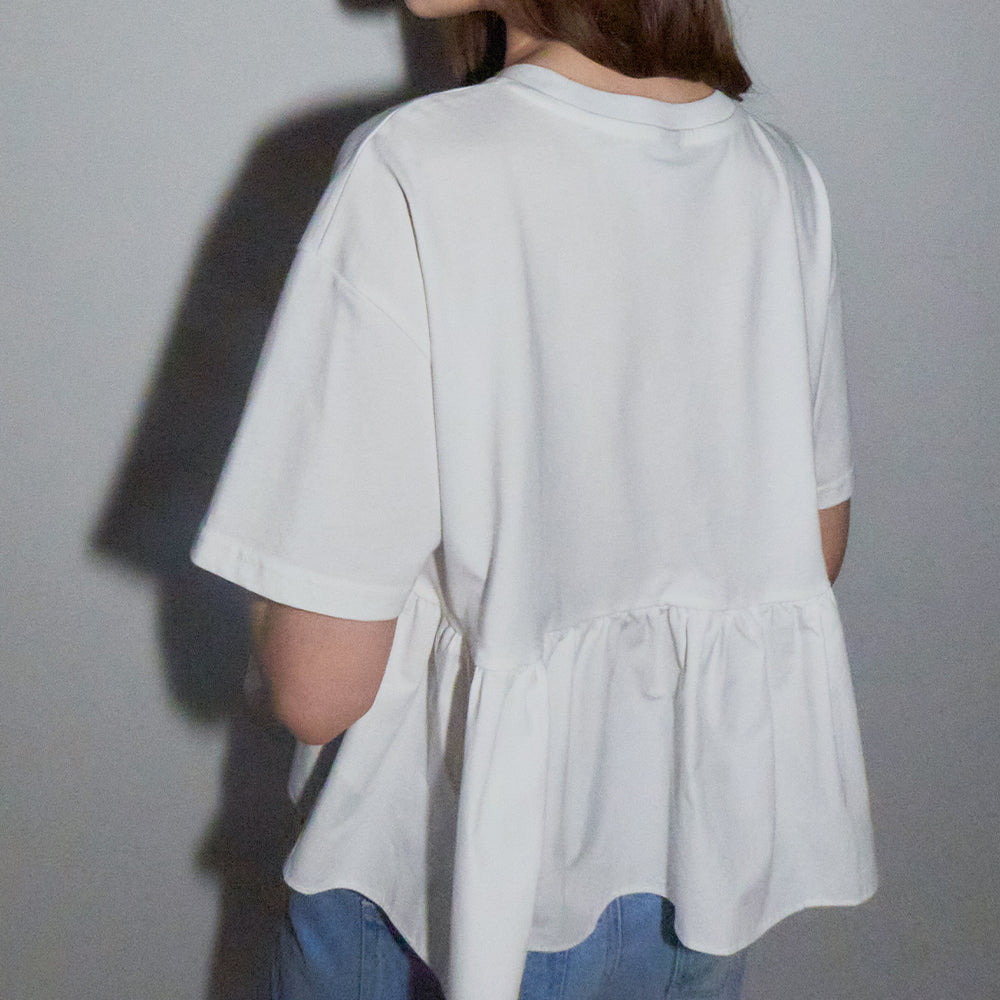 RONRON PATCHWORK RUFFLE SHORT SLEEVE T SHIRT WHITE