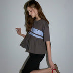 RONRON PATCHWORK RUFFLE SHORT SLEEVE T SHIRT CHARCOAL