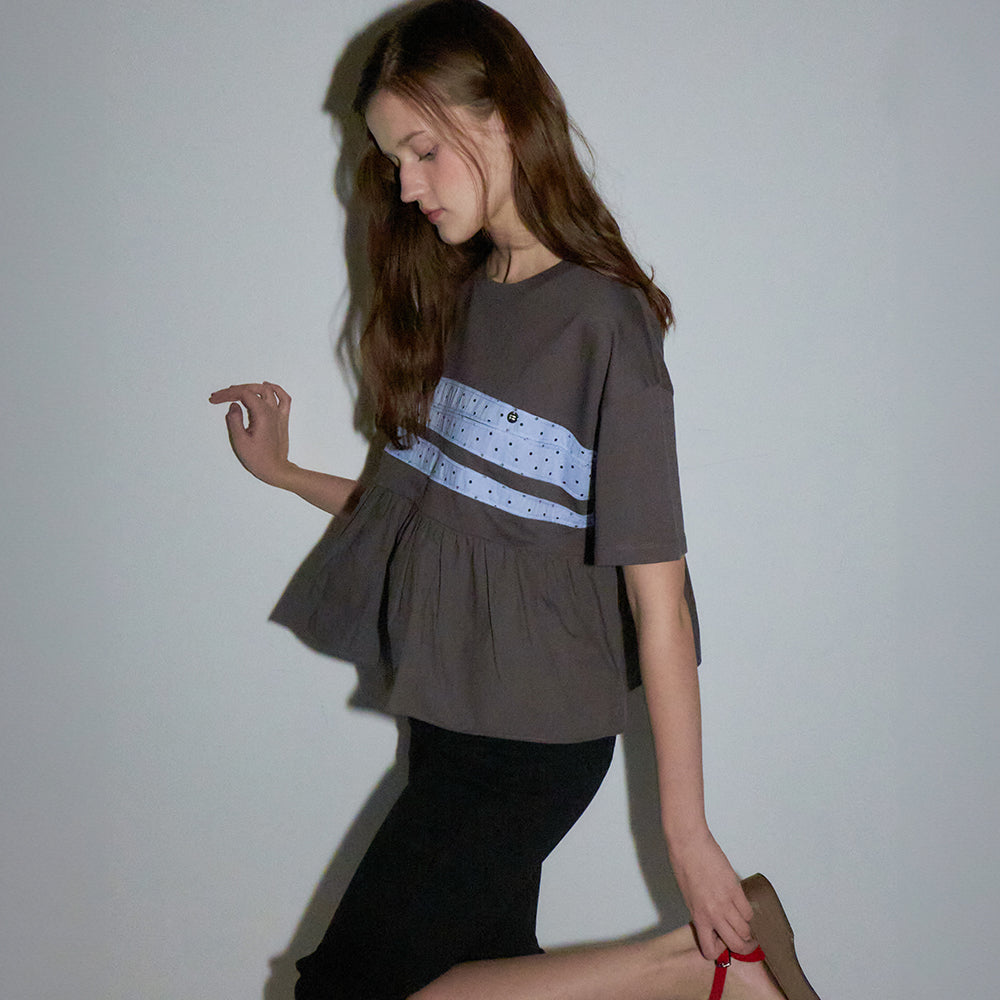 RONRON PATCHWORK RUFFLE SHORT SLEEVE T SHIRT CHARCOAL