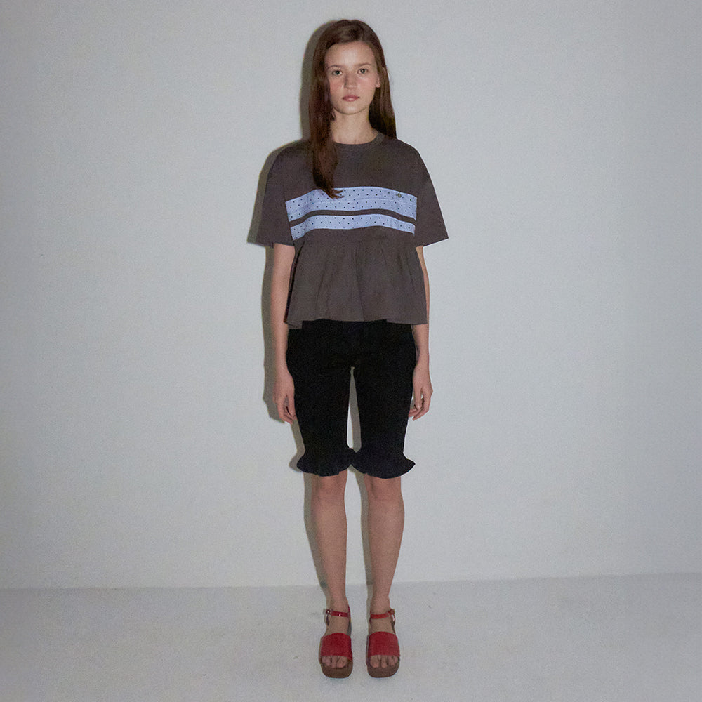 RONRON PATCHWORK RUFFLE SHORT SLEEVE T SHIRT CHARCOAL
