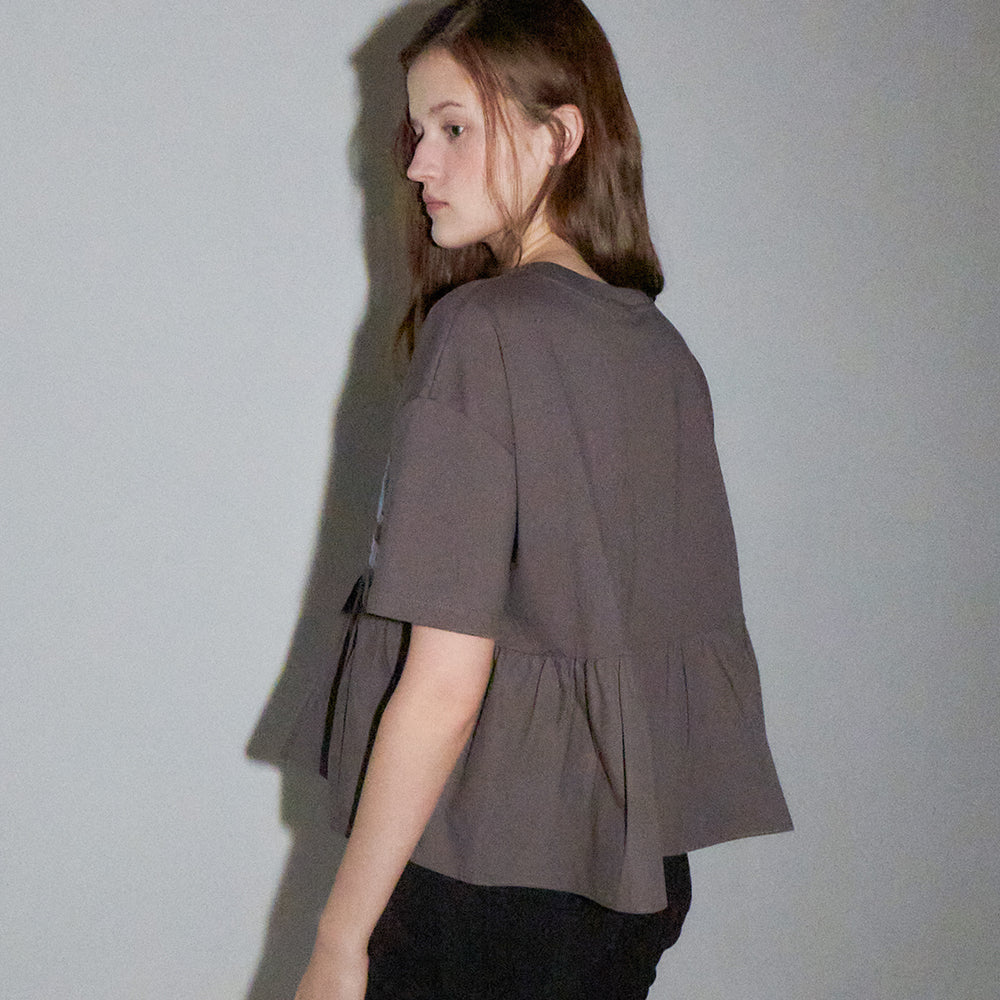 RONRON PATCHWORK RUFFLE SHORT SLEEVE T SHIRT CHARCOAL
