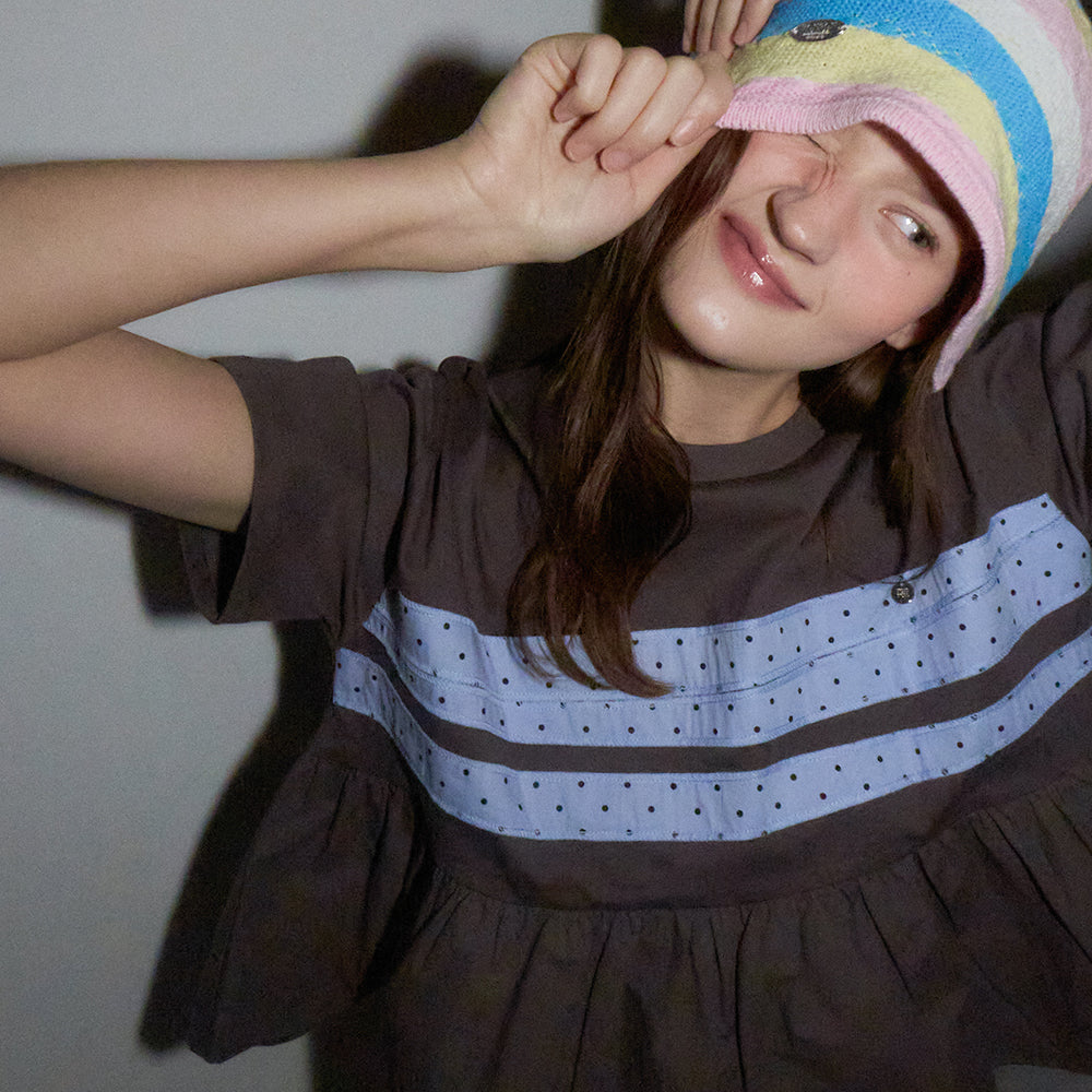 RONRON PATCHWORK RUFFLE SHORT SLEEVE T SHIRT CHARCOAL