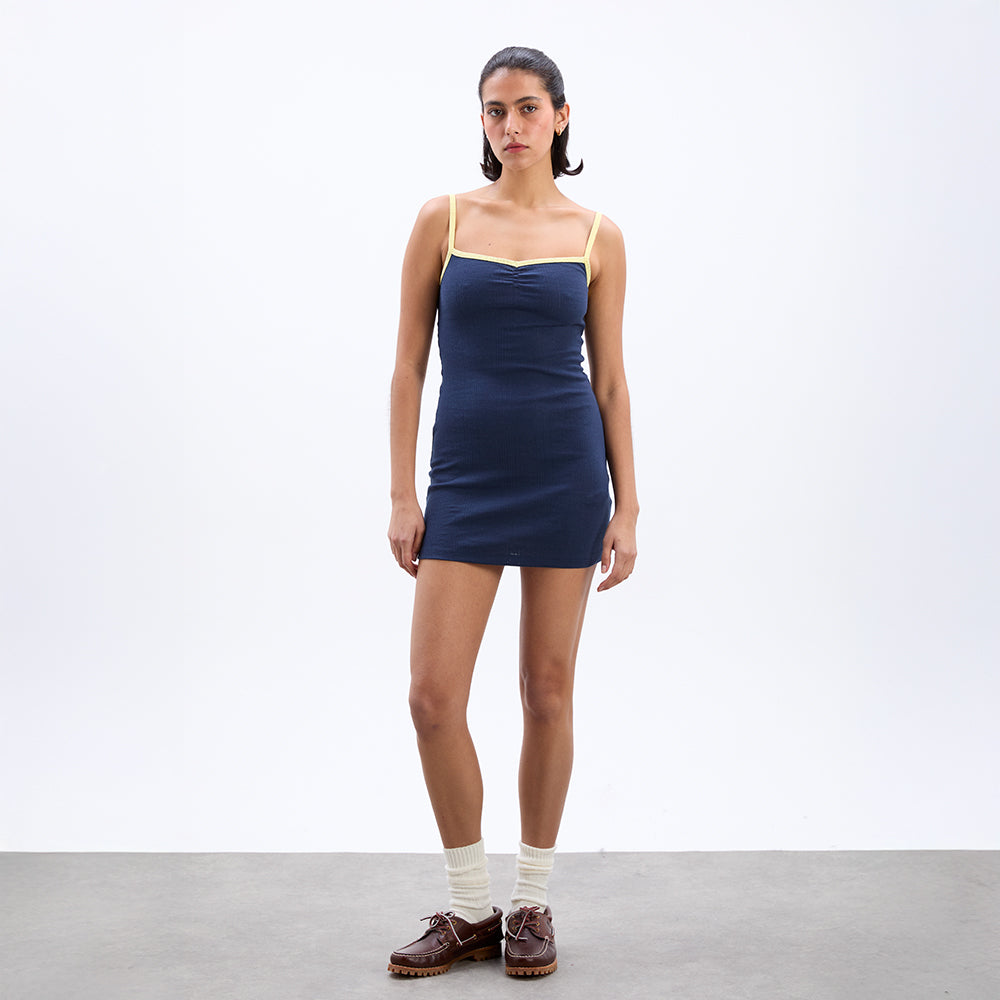 DAMSON MADDER (W) DEMI POINTELLE CAMI DRESS (NAVY/YELLOW)