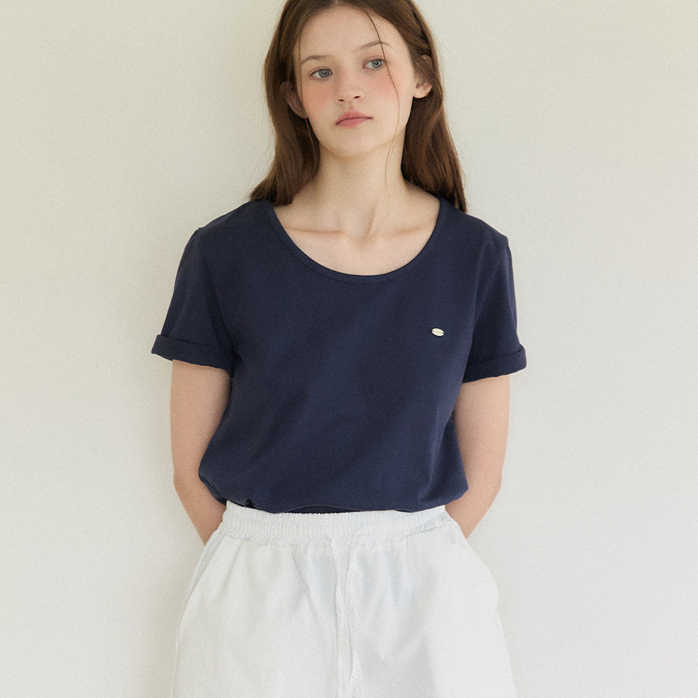 OUR HOPE Logo Silky U-neck T-shirt - Navy