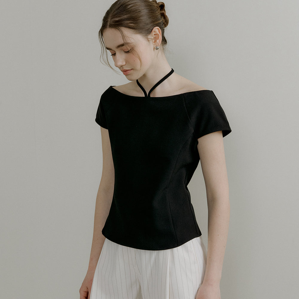 OURCOMOS comos 1179 boat neck ribbon blouse (black)