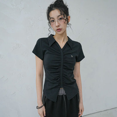 V Shirring Collar Tee_4Colors