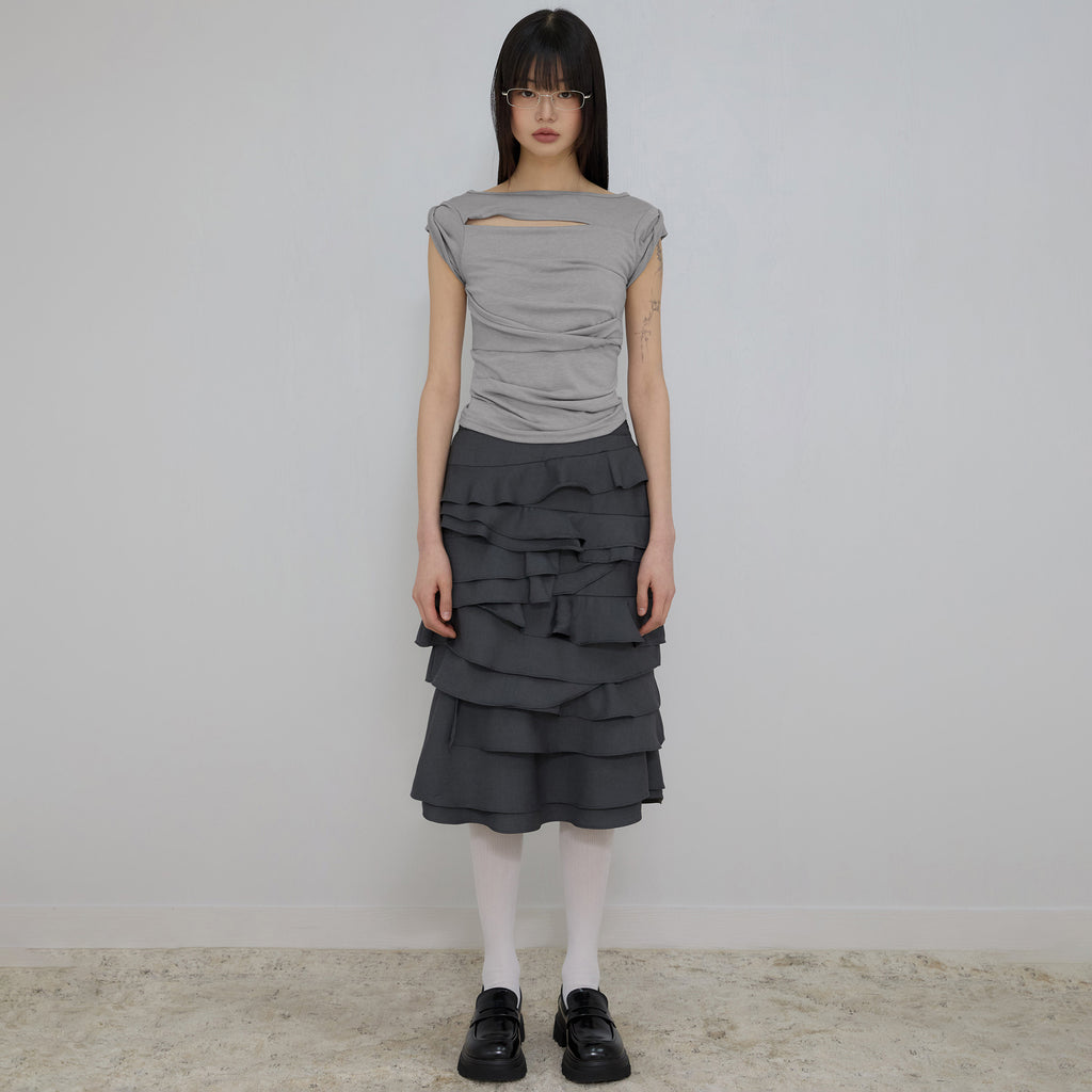 FLAREUP Asymmetrical Draped Roll-Up T-Shirt (FL-165_Gray)