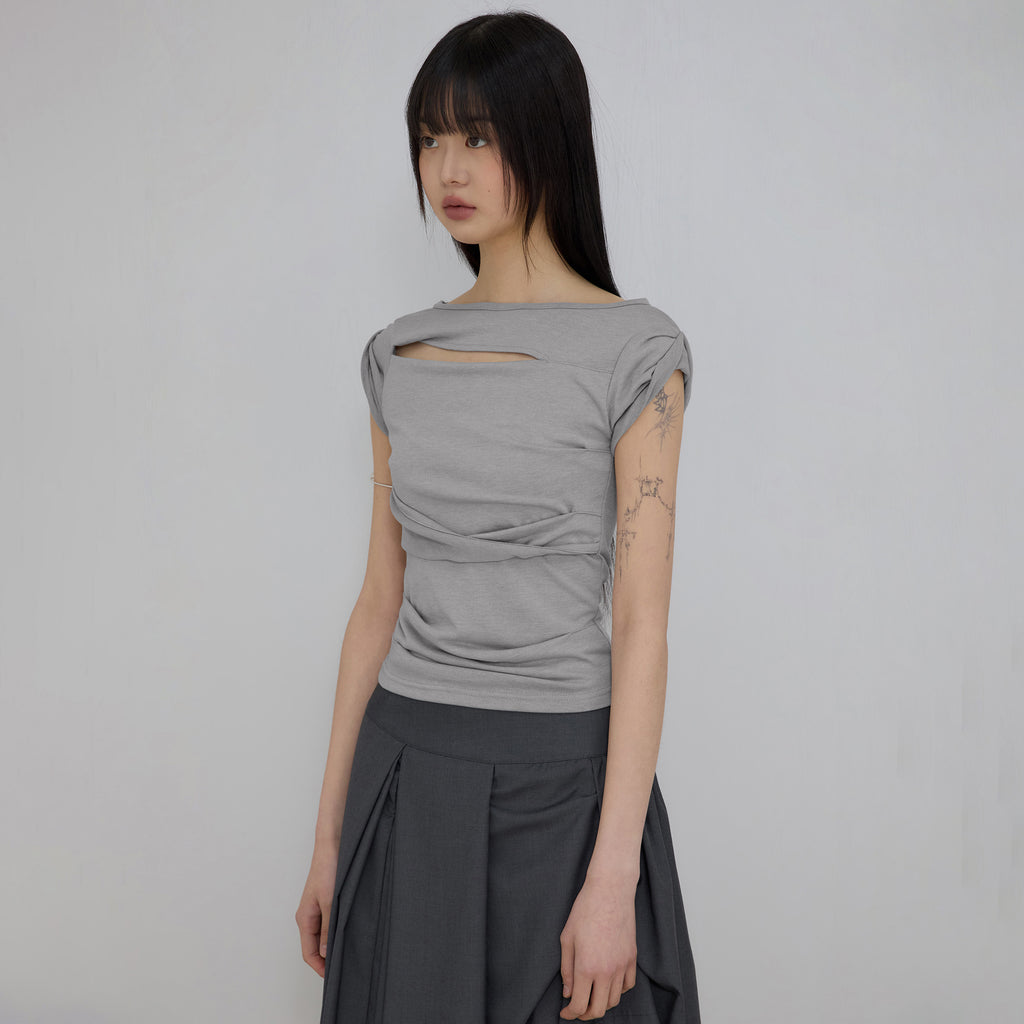 FLAREUP Asymmetrical Draped Roll-Up T-Shirt (FL-165_Gray)