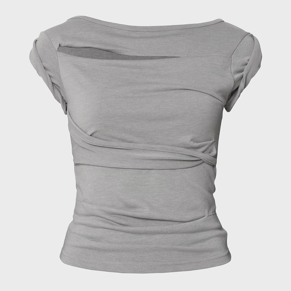 FLAREUP Asymmetrical Draped Roll-Up T-Shirt (FL-165_Gray)
