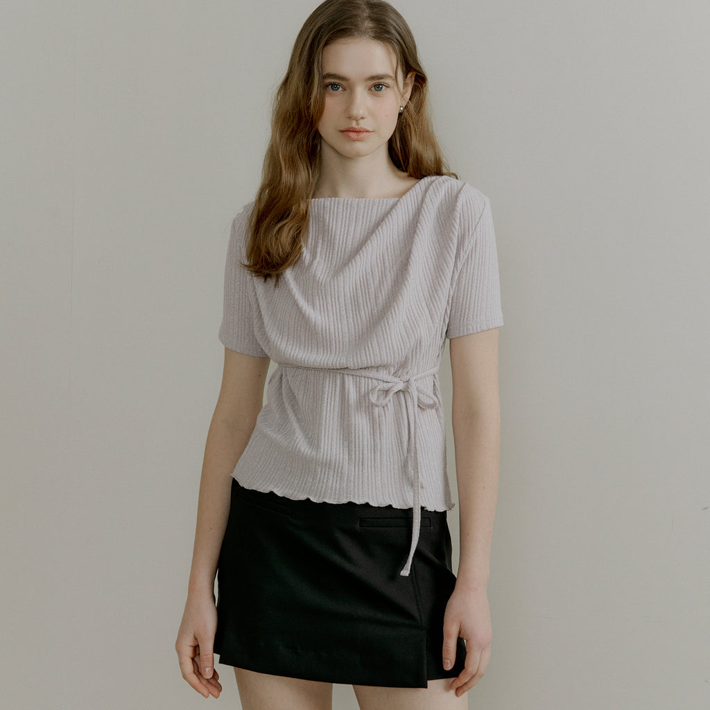 OURCOMOS comos 1401 drape neck string detail T-shirt (pale pink gray)