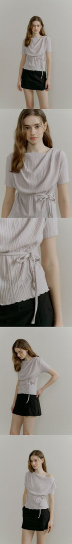 OURCOMOS comos 1401 drape neck string detail T-shirt (pale pink gray)