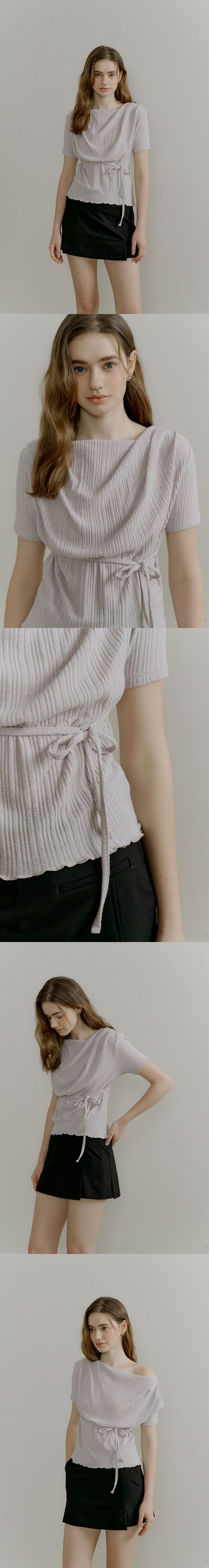 OURCOMOS comos 1401 drape neck string detail T-shirt (pale pink gray)
