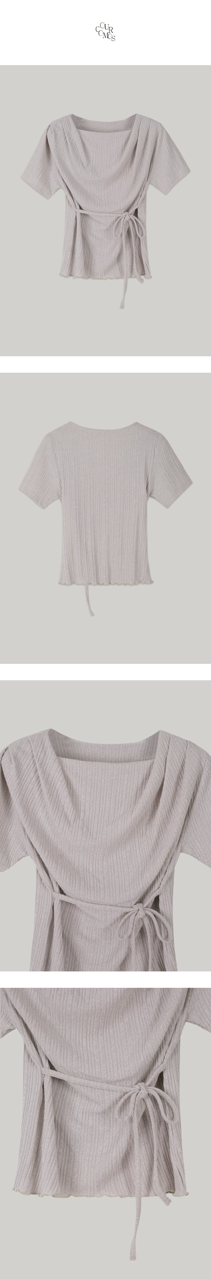 OURCOMOS comos 1401 drape neck string detail T-shirt (pale pink gray)