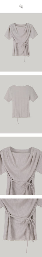 OURCOMOS comos 1401 drape neck string detail T-shirt (pale pink gray)