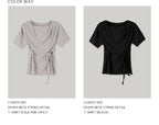 OURCOMOS comos 1401 drape neck string detail T-shirt (pale pink gray)