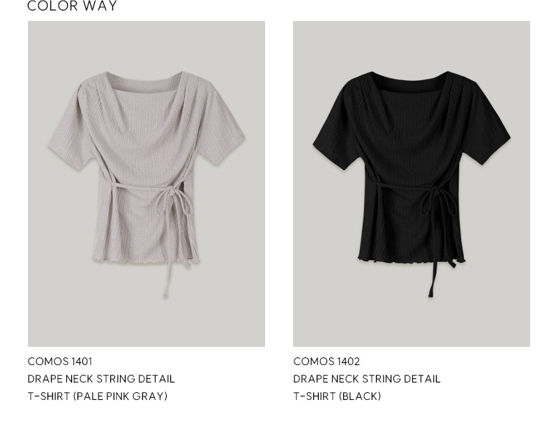 OURCOMOS comos 1401 drape neck string detail T-shirt (pale pink gray)