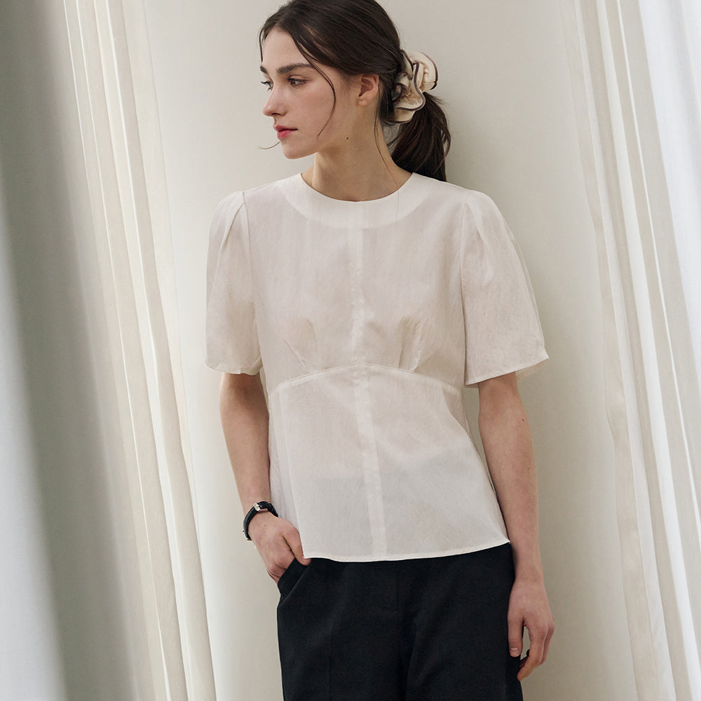 DRAWFIT WOMEN Edel puff sleeve short sleeve blouse [CREAM BEIGE]