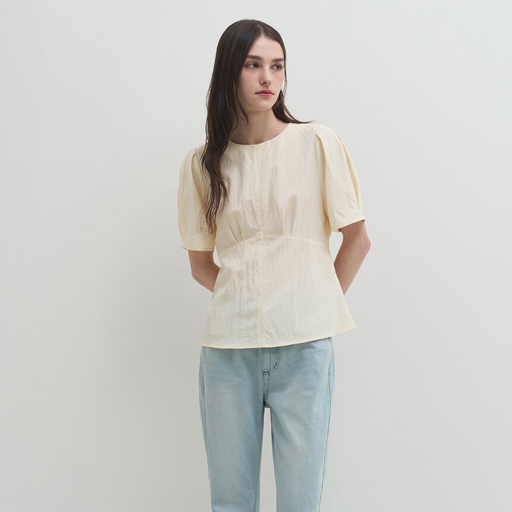 DRAWFIT WOMEN Edel puff sleeve short sleeve blouse [CREAM BEIGE]