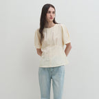DRAWFIT WOMEN Edel puff sleeve short sleeve blouse [CREAM BEIGE]