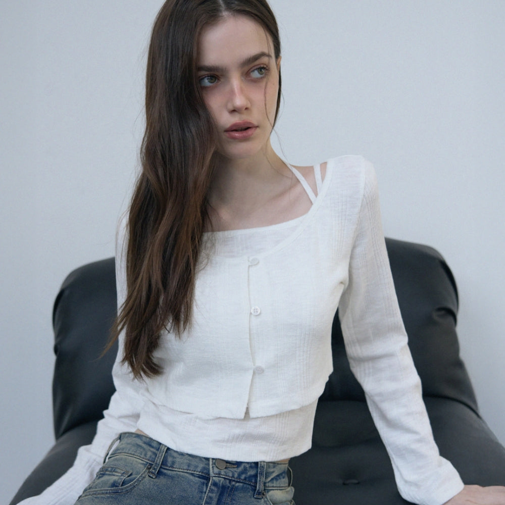 LEATHERY Halterneck sleeveless cardigan set [WHITE]