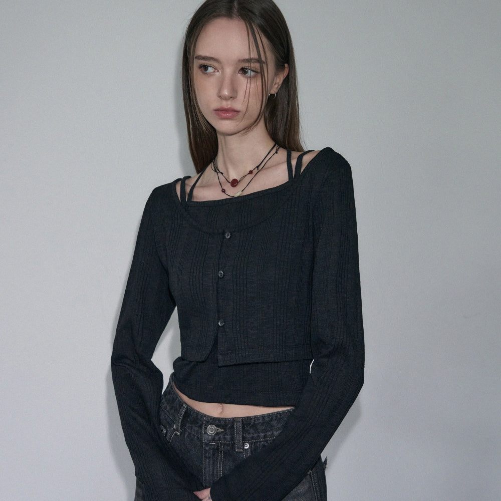 LEATHERY Halterneck sleeveless cardigan set [WHITE]