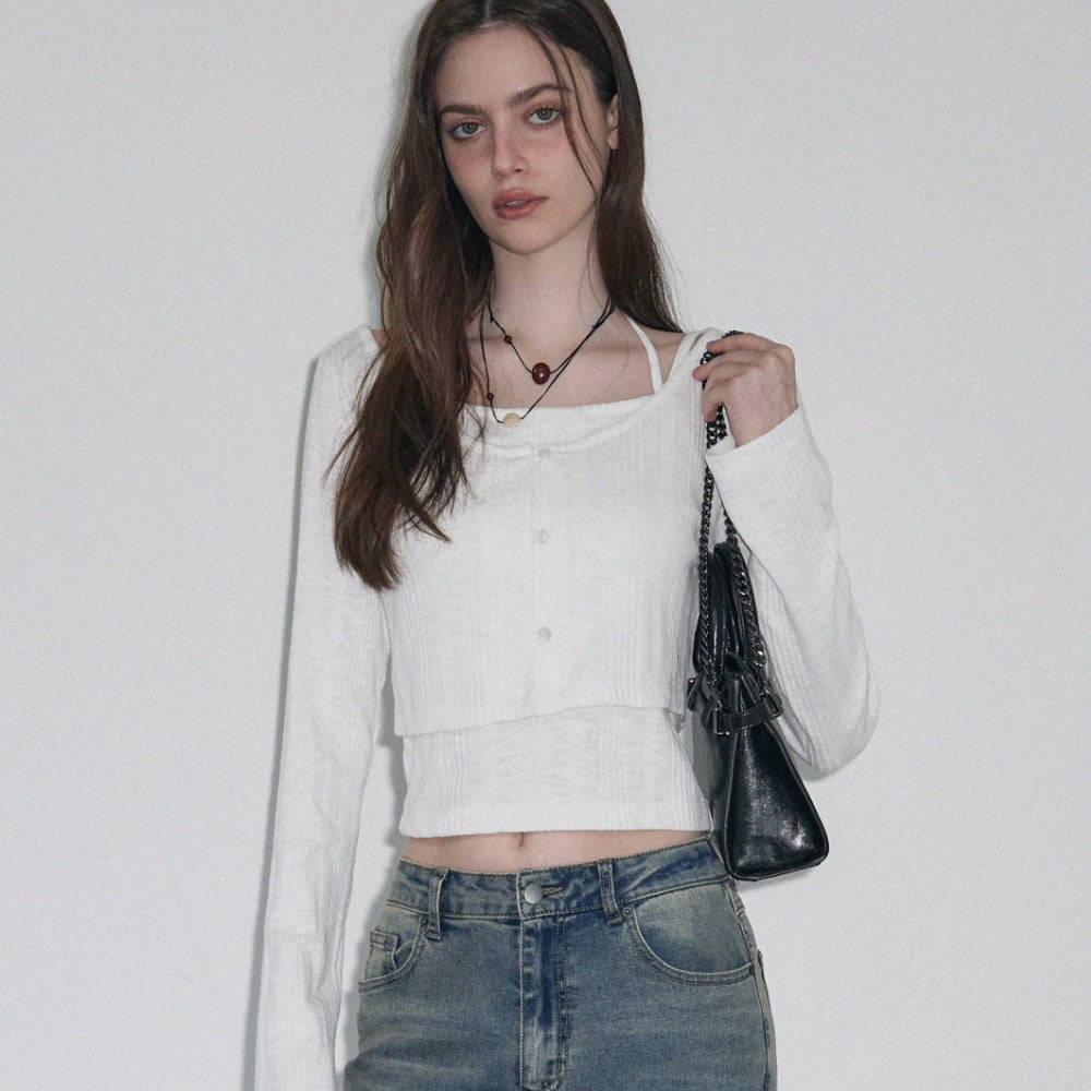 LEATHERY Halterneck sleeveless cardigan set [WHITE]