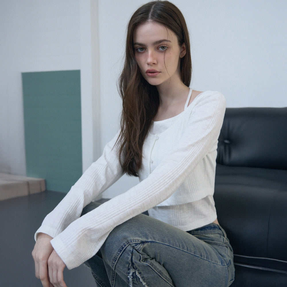 LEATHERY Halterneck sleeveless cardigan set [WHITE]